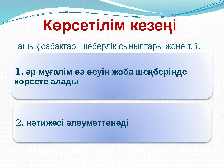 Көрсетілім кезеңі ашық сабақтар, шеберлік сыныптары және т.б. 1. әр мұғалім өз өсуін жоба шеңберінде көрсете алады 2. нәтиж