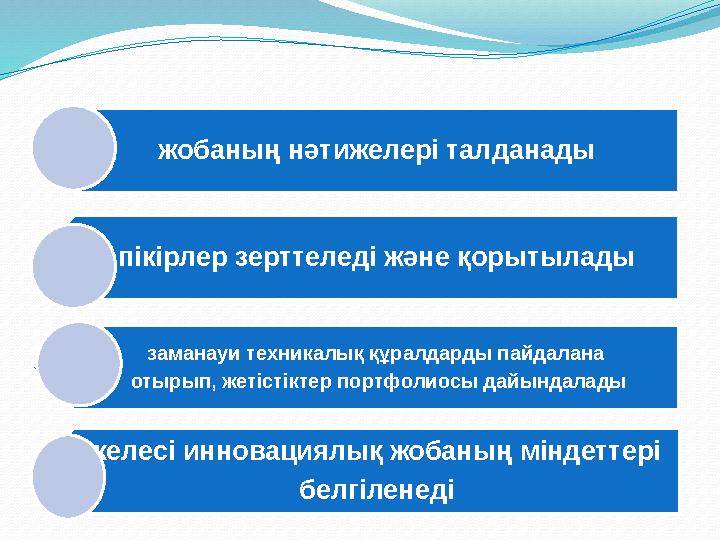 Қорытындылау кезеңі жобаның нәтижелері талданады пікірлер зерттеледі және қорытылады заманауи техникалық құралдарды пайдалана
