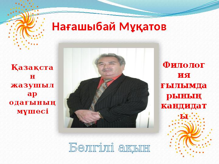 Қазақста н жазушыл ар одағының мүшесі Филолог ия ғылымда рының кандидат ы Нағашыбай Мұқатов Белгілі ақын