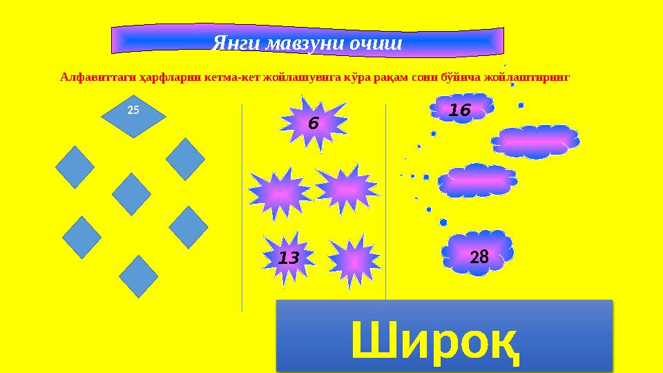 Янги мавзуни очиш 16 2813 6 25 Алфавиттаги ҳарфларни кетма-кет жойлашувига кўра рақам сони бўйича жойлаштиринг Широқ