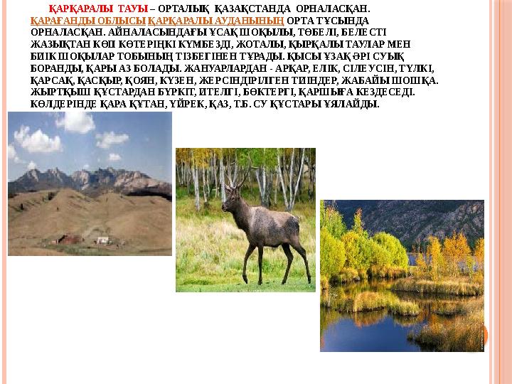 ҚАРҚАРАЛЫ ТАУЫ – ОРТАЛЫҚ ҚАЗАҚСТАНДА ОРНАЛАСҚАН. ҚАРАҒАНДЫ ОБЛЫСЫ ҚАРҚАРАЛЫ АУДАНЫНЫҢ ОРТА ТҰСЫНДА ОРНАЛАСҚАН