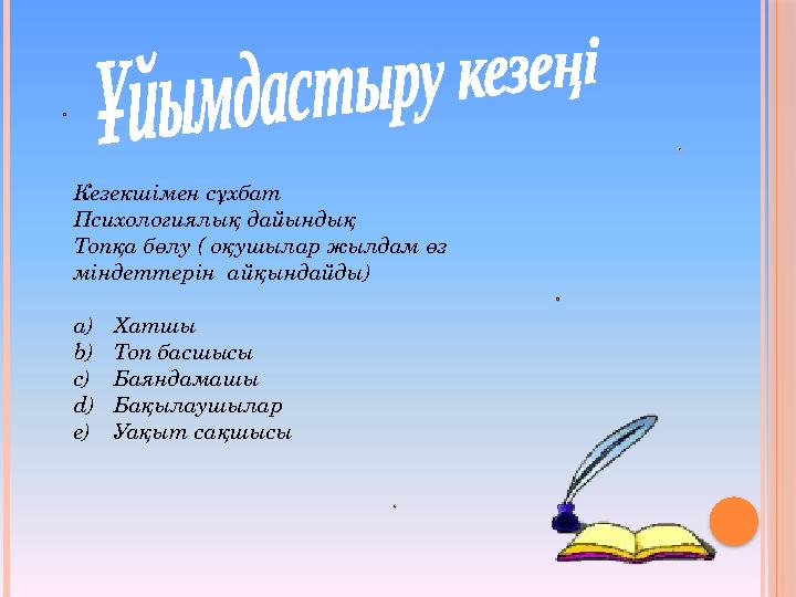 Кезекшімен сұхбат Психологиялық дайындық Топқа бөлу ( оқушылар жылдам өз міндеттерін айқындайды) a)Хатшы b)Топ басшысы c)