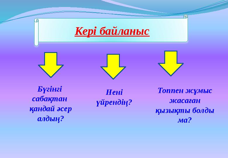 Кері байланыс Бүгінгі сабақтан қандай әсер алдың? Нені үйрендің? Топпен жұмыс жасаған қызықты болды ма?