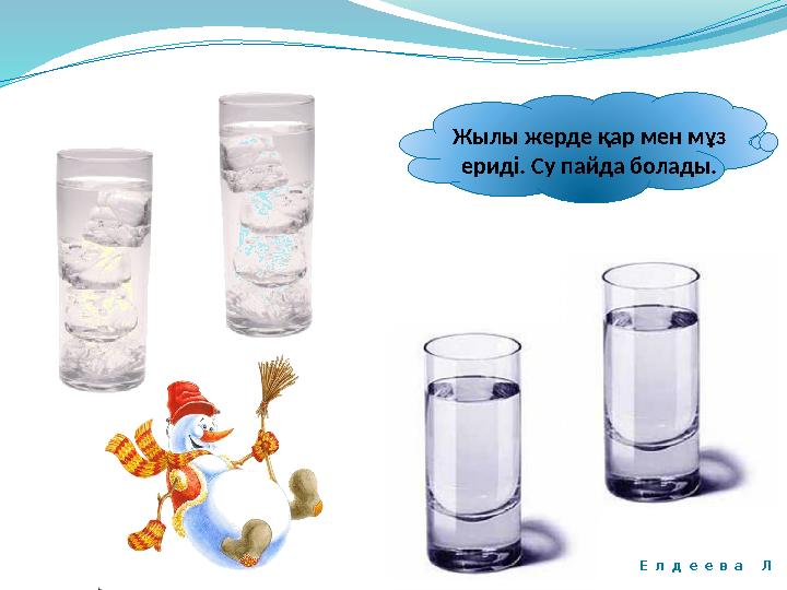 Жылы жерде қар мен мұз ериді. Су пайда болады. Е л д е е в а Л