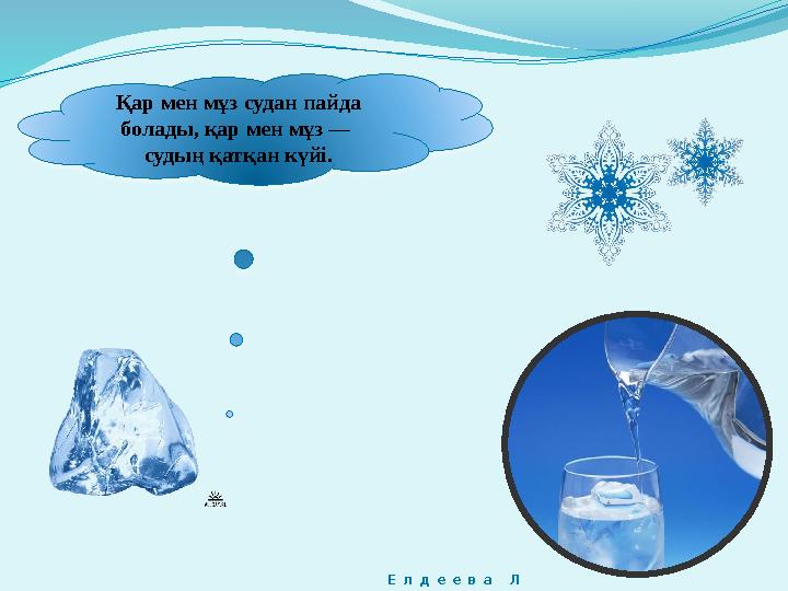 Қар мен мұз судан пайда болады, қар мен мұз — судың қатқан күйі. Е л д е е в а Л