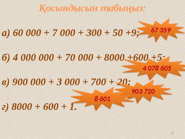 15Қосындысын табыңыз: а) 60 000 + 7 000 + 300 + 50 +9; б) 4 000 000 + 70 000 + 8000 +600 +5; в) 900 000 + 3 000 + 700 + 20; г) 8