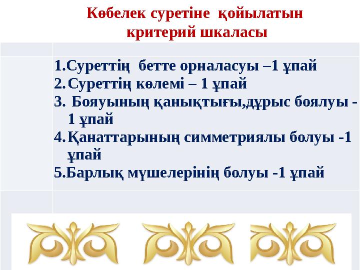 Көбелек суретіне қойылатын критерий шкаласы 1.Суреттің бетте орналасуы –1 ұпай 2.Суреттің көлемі – 1 ұпай 3. Бояуының қаны