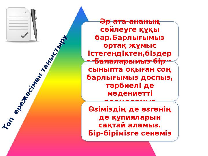 Әр ата-ананың сөйлеуге құқы бар.Барлығымыз ортақ жұмыс істегендіктен,біздер де көрермендер жоқ. Балаларымыз бір сыныпта о