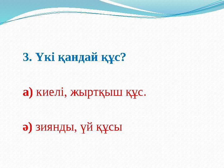 3. Үкі қандай құс? а) киелі, жыртқыш құс. ә) зиянды, үй құсы