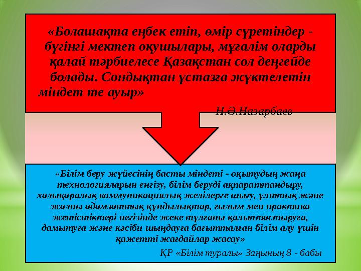 «Білім беру жүйесінің басты міндеті - оқытудың жаңа технологияларын енгізу, білім беруді ақпараттандыру, халықаралық коммуника
