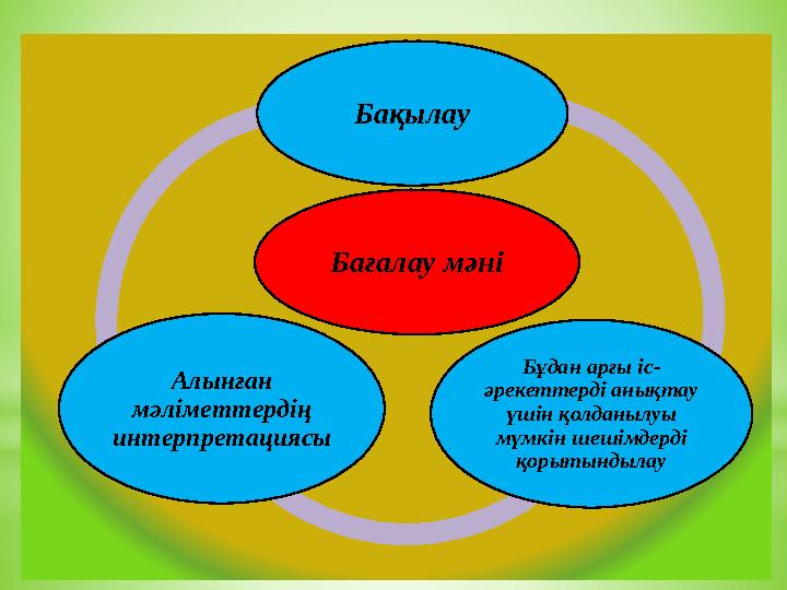 Бағалау мәні Бақылау Бұдан арғы іс- әрекеттерді анықтау үшін қолданылуы мүмкін шешімдерді қорытындылау Алынған мәліметтердің