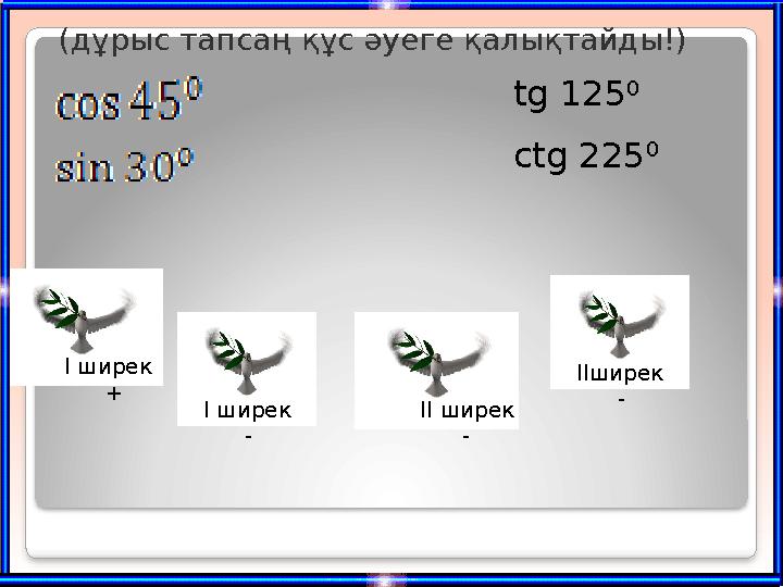 І ширек + І ширек - (дұрыс тапсаң құс әуеге қалықтайды!) ctg 225 0 tg 125 0 ІI ширек - IIширек