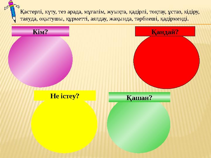 Қашан?Кім? Не істеу? Қандай?Қастерлі, күту, тез арада, мұғалім, жуықта, қадірлі, тоқтау, ұстаз, кідіру, таяуда, оқытушы, құрмет