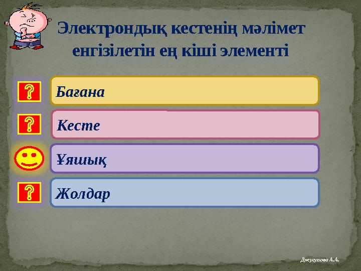 Электрондық кестенің мәлімет енгізілетін ең кіші элементі Бағана Ұяшық Жолдар Кесте Джусупова А.А.