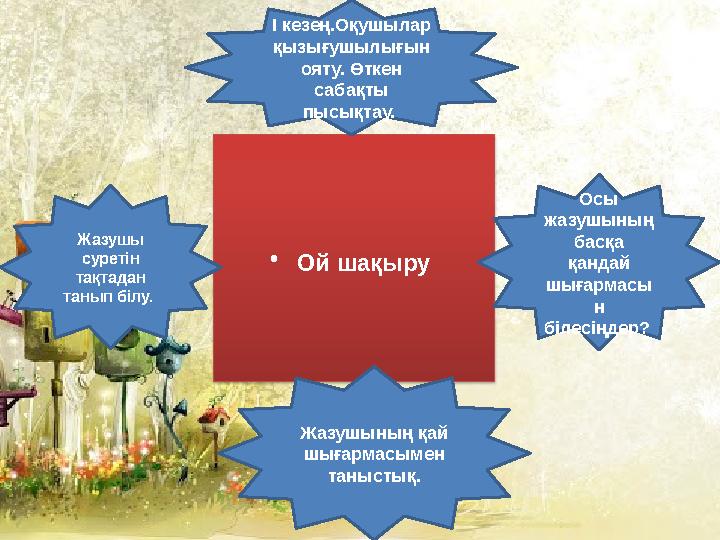 •Ой шақыру І кезең.Оқушылар қызығушылығын ояту. Өткен сабақты пысықтау. Жазушы суретін тақтадан танып білу. Осы жазу