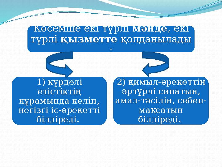 Көсемше екі түрлі мәнде, екі түрлі қызметте қолданылады : 1) күрделі етістіктің құрамында келіп, негізгі іс-әрекетті білдір