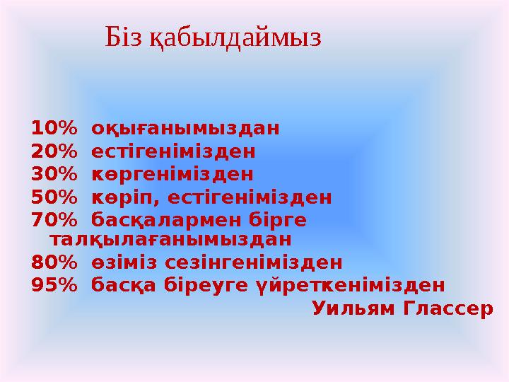 Біз қабылдаймыз 10% оқығанымыздан 20% естігенімізден 30% көргенімізден 50% көріп, естігенімізден 70% басқалармен бірге тал
