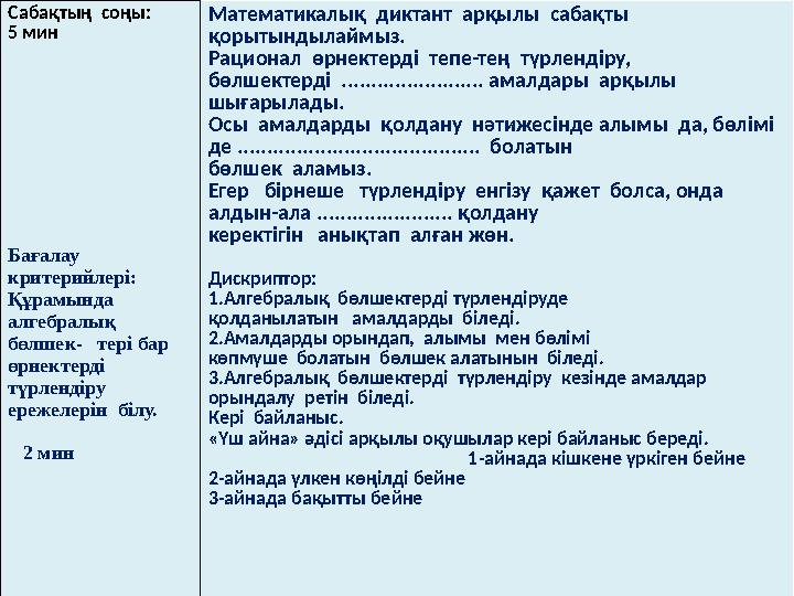 Бағалау критерийі:Сабақтың соңы: 5 мин Бағалау критерийлері: Құрамында алгебралық бөлшек- тері бар өрнектерді түрле