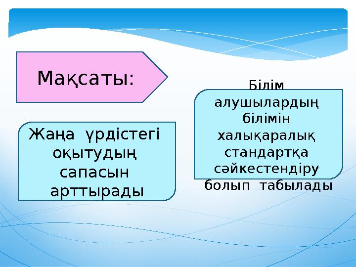 Мақсаты: Жа ңа үрдістегі оқытудың сапасын арттырады Білім алушылардың білімін халықаралық стандартқа сәйкестенд