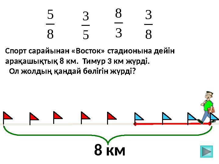 5 3 3 8 8 5 Спорт сарайынан «Восток» стадионына дейін арақашықтық 8 км. Тимур 3 км жүрді. Ол жолдың қандай бөлігін жүрді? 8