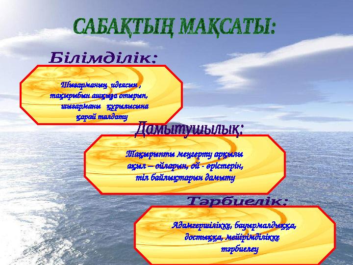 Шығарманың идеясын , тақырыбын ашқыза отырып, шығарманы құрылысына қарай талдату Тақырыпты меңгерту арқылы ақыл – о