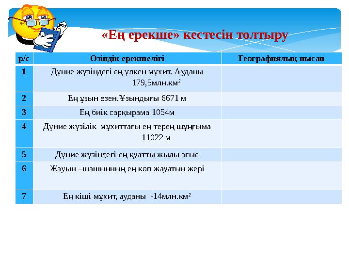 «Ең ерекше» кестесін толтыру р/с Өзіндік ерекшелігі Географиялық нысан 1 Дүние жүзіндегі ең үлкен мұхит. Ауданы 179,5млн.км 2