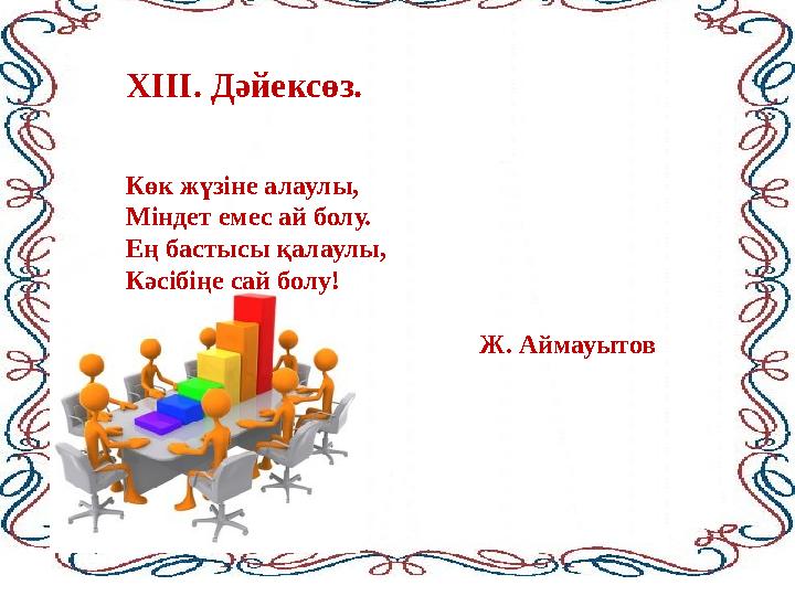 ХІІІ. Дәйексөз. Көк жүзіне алаулы, Міндет емес ай болу. Ең бастысы қалаулы, Кәсібіңе сай болу! Ж. Аймауытов ХІІІ. Дәйексөз. Көк жүзіне алаулы, Міндет емес ай болу. Ең бастысы қалаулы, Кәсібіңе сай болу! Ж. Аймауытов
