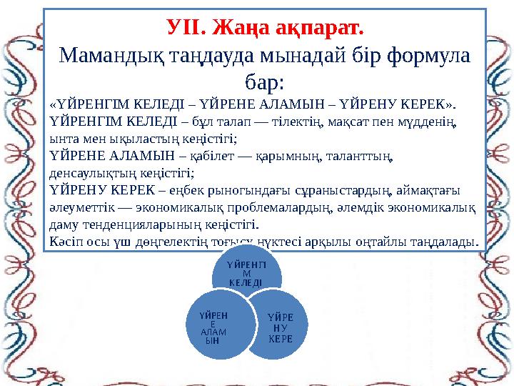 УІІ. Жаңа ақпарат. Мамандық таңдауда мынадай бір формула бар: «ҮЙРЕНГІМ КЕЛЕДІ – ҮЙРЕНЕ АЛАМЫН – ҮЙРЕНУ КЕРЕК». ҮЙРЕНГІМ КЕЛЕДІ УІІ. Жаңа ақпарат. Мамандық таңдауда мынадай бір формула бар: «ҮЙРЕНГІМ КЕЛЕДІ – ҮЙРЕНЕ АЛАМЫН – ҮЙРЕНУ КЕРЕК». ҮЙРЕНГІМ КЕЛЕДІ