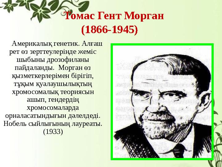 Томас Гент Морган (1866-1945) Америкалық генетик. Алғаш рет өз зерттеулерінде жеміс шыбыны дрозофиланы пайдаланды. Морга