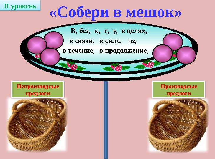 «Собери в мешок» Непроизводные предлоги Производные предлогиВ, без, к, с, у, в целях, в связи, в силу, из, в течение, в продолже