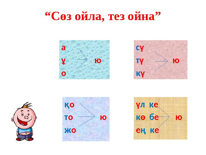 “Сөз ойла, тез ойна” а ұ ю о сү тү ю кү қо то ю жо үл ке кө бе ю ең ке