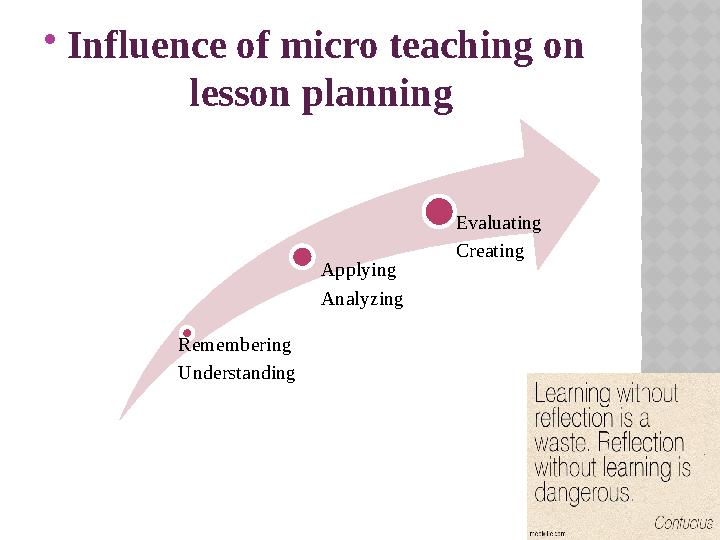 Influence of micro teaching on lesson planning Remembering Understanding Applying Analyzing Evaluating Creating