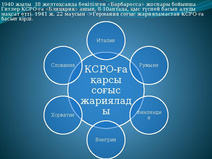 1940 жылы 18 желтоқсанда бекітілген «Барбаросса» жоспары бойынша Гитлер КСРО-ға «Блицкрик» ашып, 8-10аптада, қыс түспей басып 1940 жылы 18 желтоқсанда бекітілген «Барбаросса» жоспары бойынша Гитлер КСРО-ға «Блицкрик» ашып, 8-10аптада, қыс түспей басып