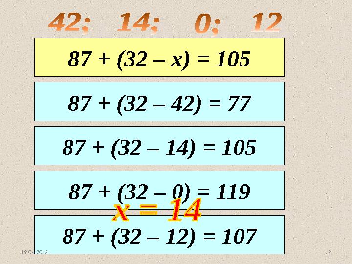 www.konspekturoka.ru 1987 + (32 – 14) = 105 87 + (32 – 42) = 7787 + (32 – х) = 105 87 + (32 – 0) = 119 87 + (32 – 12) = 107 19.0