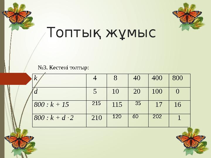 Топтық жұмыс №3. Кестені толтыр: k 4 8 40 400 800 d 5 10 20 100 0 800 : k + 15 215 115 35