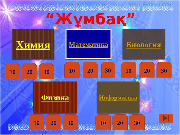 “ Жұмбақ” Химия Физика БиологияМатематика Информатика10 20 30 30 2010 302010 20 201010 30 30