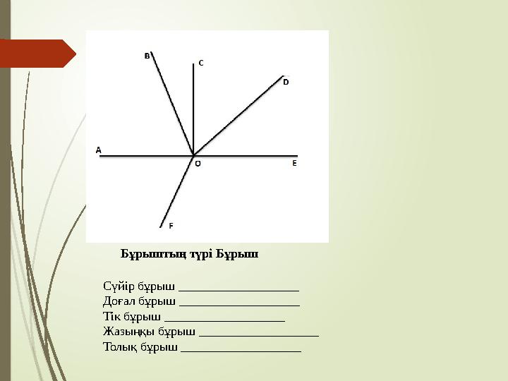 Бұрыштың түрі Бұрыш Сүйір бұрыш ___________________ Доғал бұрыш ___________________ Тік бұрыш ___________________ Жазыңқы бұрыш