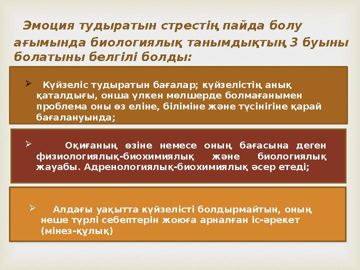 Эмоция тудыратын стрестің пайда болу ағымында биологиялық танымдықтың 3 буыны болатыны белгілі болды:  Күйзеліс тудыратын ба
