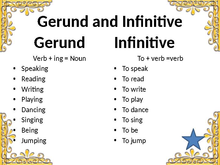 Gerund and Infinitive Gerund Verb + ing = Noun • Speaking • Reading • Writing • Playing • Danc