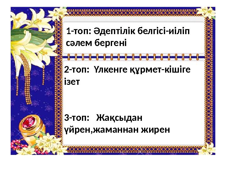 2-топ: Үлкенге құрмет-кішіге ізет 3-топ: Жақсыдан үйрен,жаманнан жирен 1-топ: Әдептілік белгісі-иіліп сәлем бергені