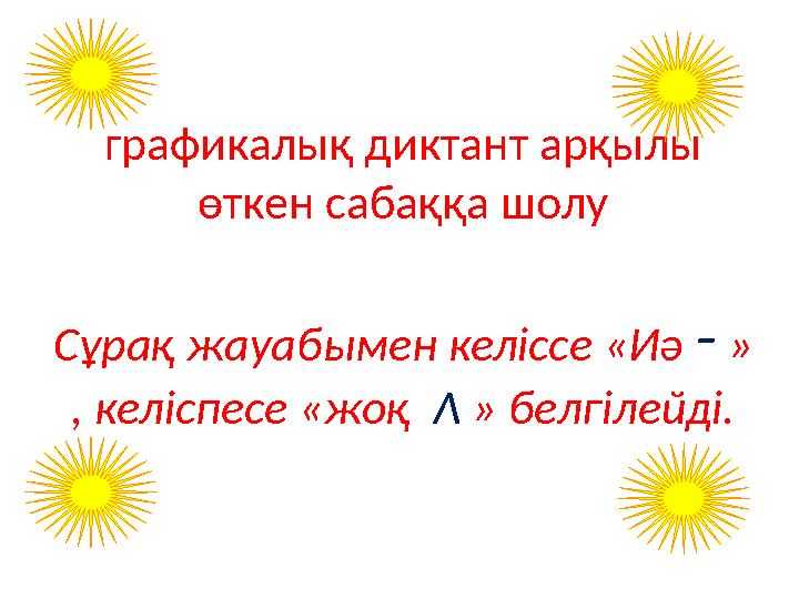 графикалық диктант арқылы өткен сабаққа шолу Сұрақ жауабымен келіссе «Иә - » , келіспесе «жоқ Λ » белгілейді.