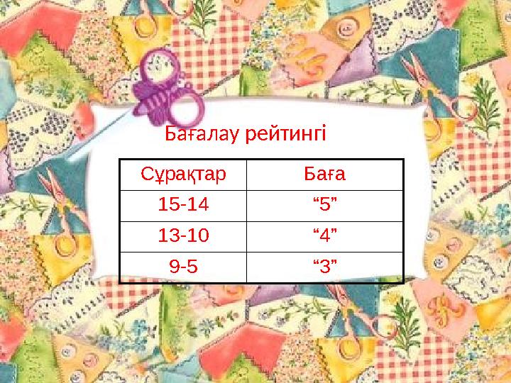 Бағалау рейтингі Сұрақтар Баға 15-14 “ 5” 13-10 “ 4” 9-5 “ 3”