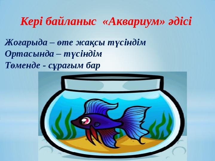 Кері байланыс «Аквариум» әдісі Жоғарыда – өте жақсы түсіндім Ортасында – түсіндім Төменде - сұрағым бар