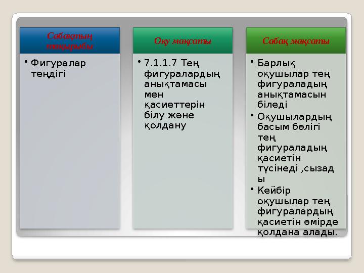 Сабақтың тақырыбы •Фигуралар теңдігі Оқу мақсаты •7.1.1.7 Тең фигуралардың анықтамасы мен қасиеттерін білу және