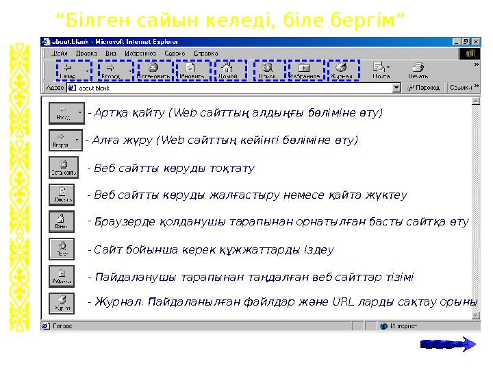 - Артқа қайту (Web сайттың алдыңғы бөліміне өту) - Алға жүру (Web сайттың кейінгі бөліміне өту) - Веб сайтты көруды тоқтату