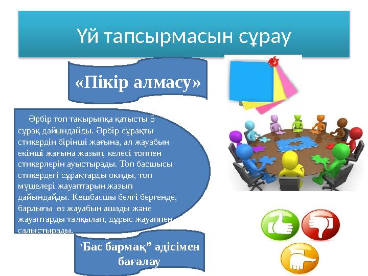 Үй тапсырмасын сұрау Әрбір топ тақырыпқа қатысты 5 сұрақ дайындайды. Әрбір сұрақты стикердің бірінші жағына, ал жауабын