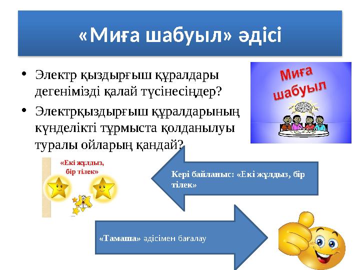 «Миға шабуыл» әдісі • Электр қыздырғыш құралдары дегенімізді қалай түсінесіңдер? • Электрқыздырғыш құралдарының күнделікті тұр