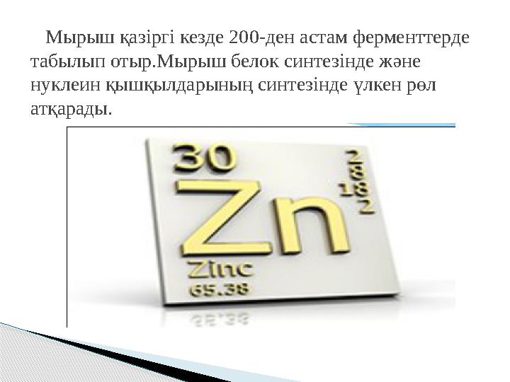 Мырыш қазіргі кезде 200-ден астам ферменттерде табылып отыр.Мырыш белок синтезінде және нуклеин қышқылдарының синтезінде