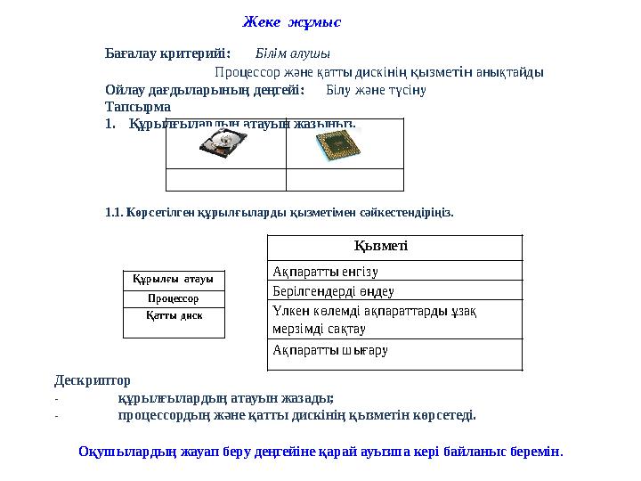 Бағалау критерийі: Білім алушы  Процессор және қатты дискінің қызметін анықтайды Ойлау дағдыларының деңгейі: