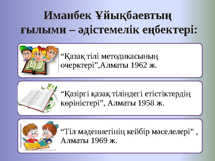 “ Қазақ тілі методикасының очерктері”,Алматы 1962 ж. “ Қазіргі қазақ тіліндегі етістіктердің көріністері”, Алматы 1958 ж. “ Ті